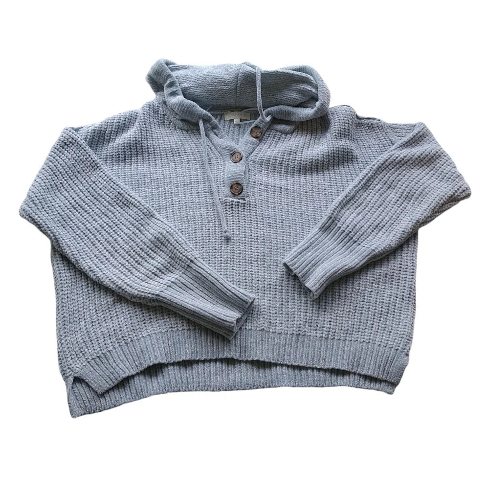 Ultra Flirt Mixed Chenille Crop Hooded Sweater with Buttons
